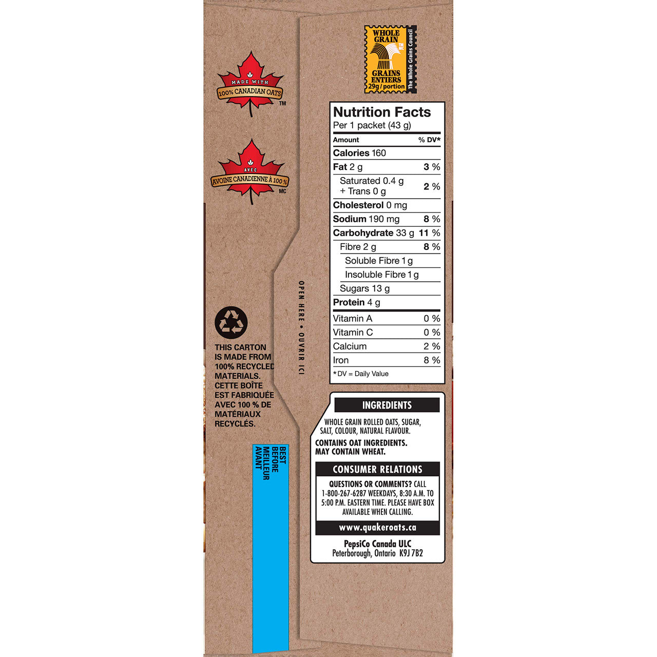 Quaker Instant Oats Maple and Brown Sugar Oatmeal, 8ct, 344g/12.1oz., {Imported from Canada}